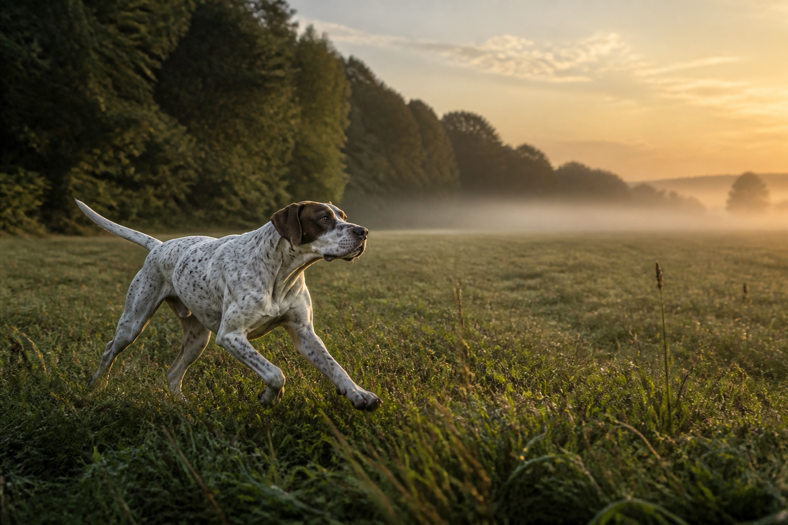 Chien de chasse actif dans une prairie au lever du jour
