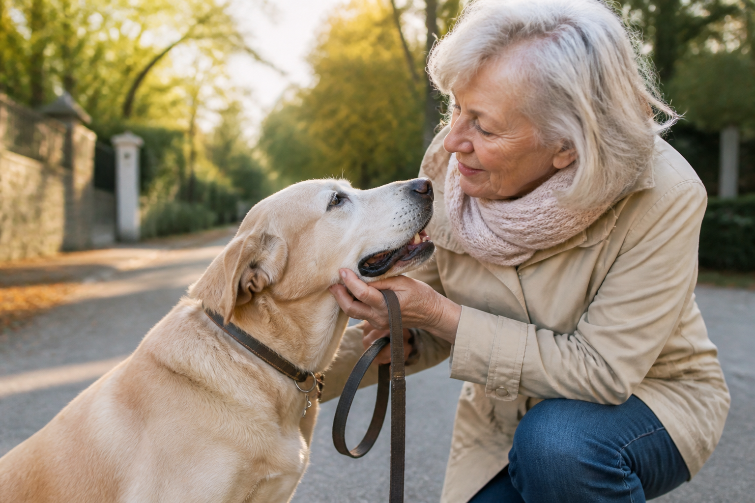 Femme senior avec son chien âgé pendant une promenade
